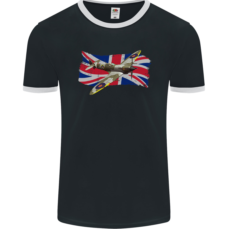 Supermarine Spitfire with the Union Jack Mens Ringer T-Shirt FotL Black/White