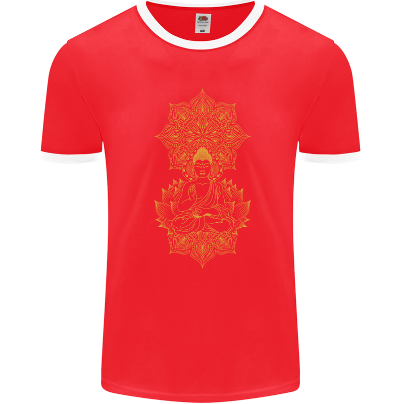 Mandala Buddha Art Mens Ringer T-Shirt FotL Red/White