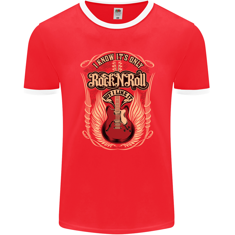 I Know It’s Only Rock ’n’ Roll Music Guitar Mens Ringer T-Shirt FotL Red/White