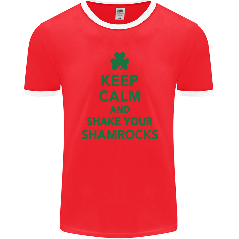 Keep Calm & Shamrocks St. Patrick's Day Mens Ringer T-Shirt FotL Red/White