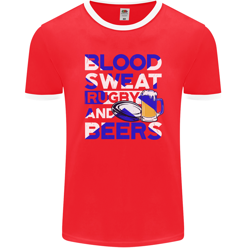 Blood Sweat Rugby and Beers Scotland Funny Mens Ringer T-Shirt FotL Red/White