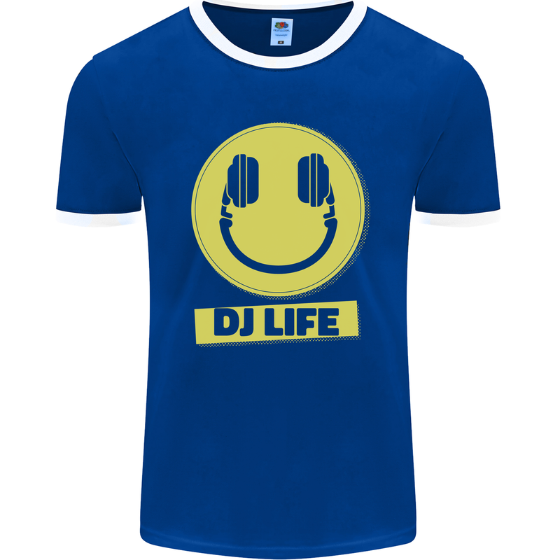 Headphones DJ Life Acid Face Vinyl Decks Mens Ringer T-Shirt FotL Royal Blue/White