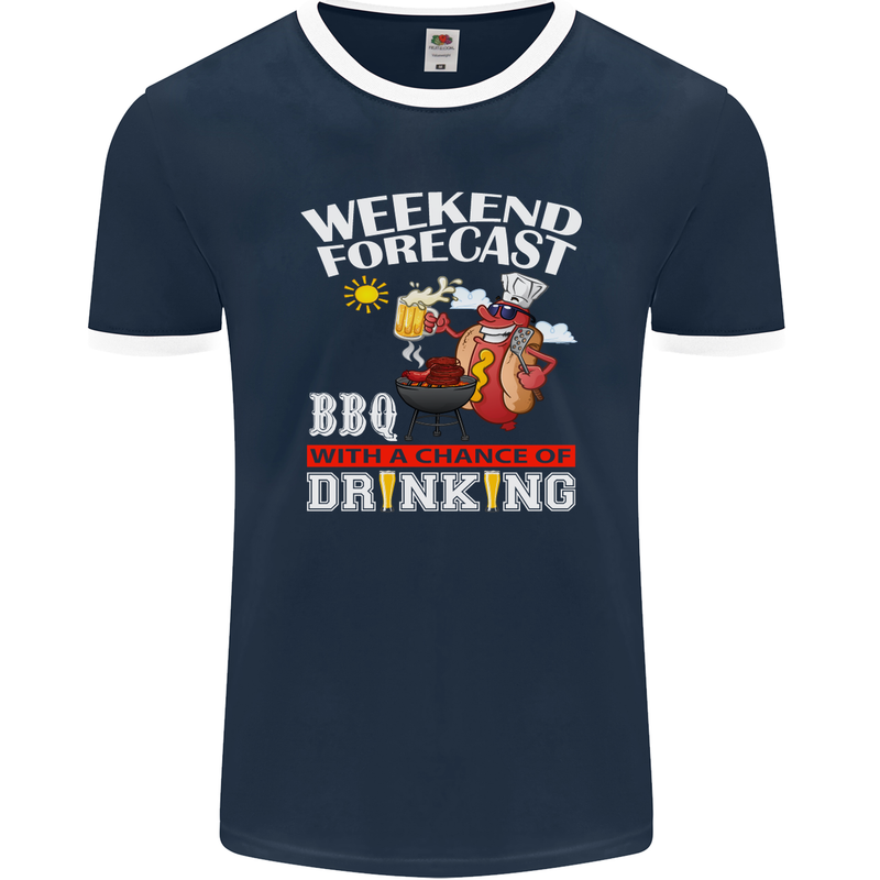 BBQ Weekend Forecast BBQing Alcohol Beer Mens Ringer T-Shirt FotL Navy Blue/White