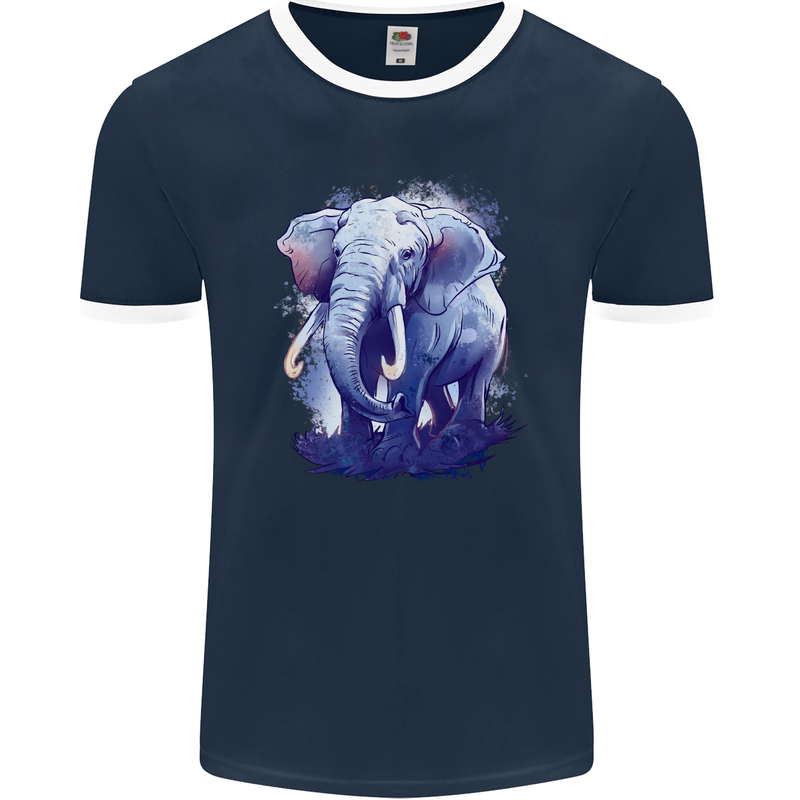 An Elephant Watercolour Mens Ringer T-Shirt FotL Navy Blue/White