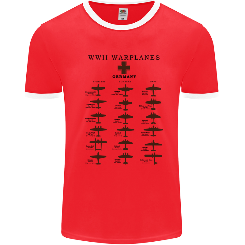 German War Planes WWII Fighters Aircraft Mens White Ringer T-Shirt Red/White