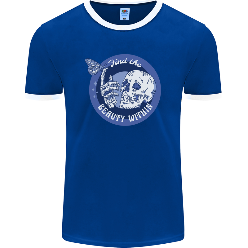 Skull & Butterfly Find the Beauty Within Mens Ringer T-Shirt FotL Royal Blue/White