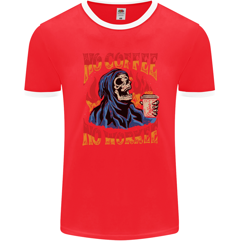 No Coffee No Work Funny Skull Grim Reaper Mens Ringer T-Shirt FotL Red/White