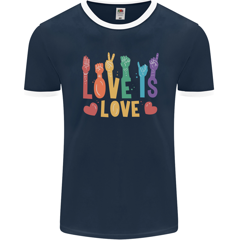 LGBT Sign Language Love Is Gay Pride Day Mens Ringer T-Shirt FotL Navy Blue/White