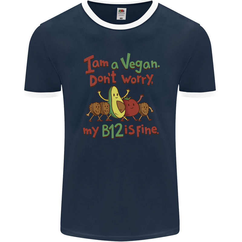 I'm a Vegan My b12 Is Fine Funny Mens Ringer T-Shirt FotL Navy Blue/White