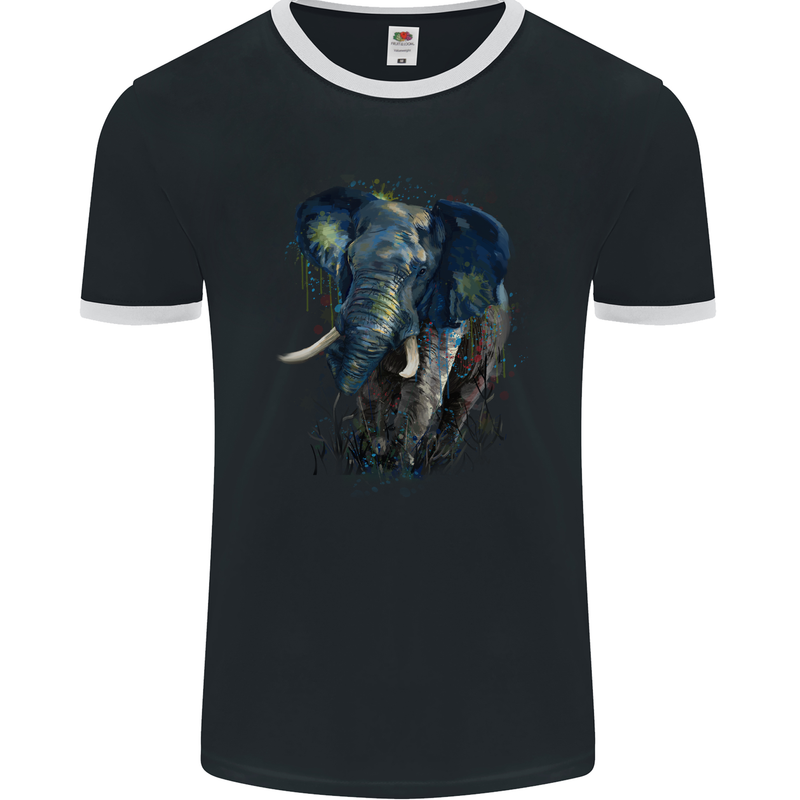 A Big Elephant Watercolour Mens Ringer T-Shirt FotL Black/White