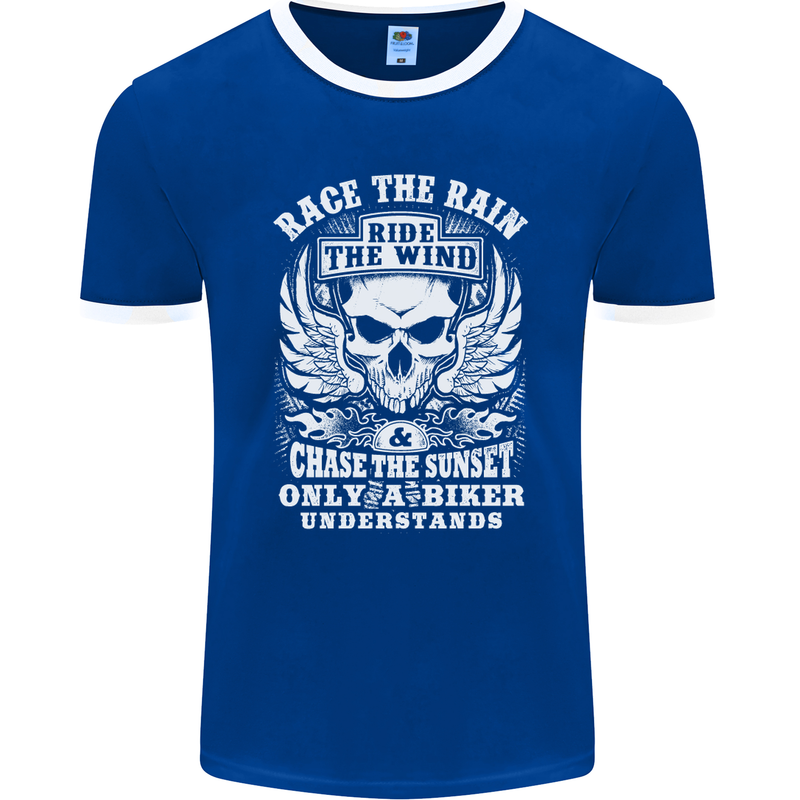 Race the Wind Biker Motorcycle Motorbike Mens Ringer T-Shirt FotL Royal Blue/White