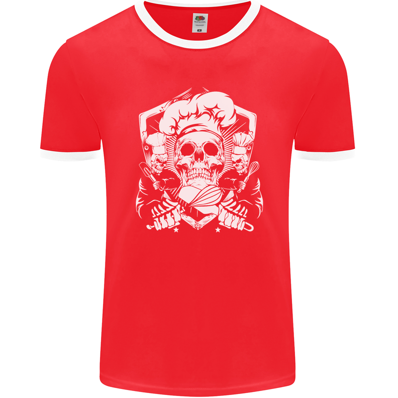 Skull Chef Cooking Cook Baker Baking Mens Ringer T-Shirt FotL Red/White