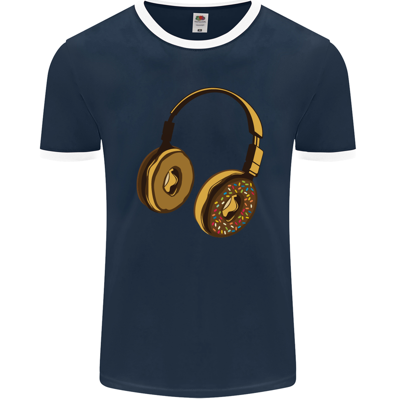 Donut Headphones Music DJ DJing Funny Mens Ringer T-Shirt FotL Navy Blue/White