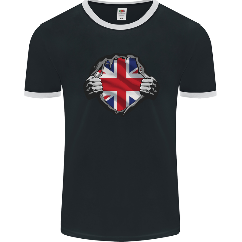 Union Jack Flag Ripped Torn Gym British UK Mens Ringer T-Shirt FotL Black/White