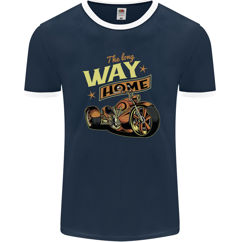 Long Way Home Motorcycle Chopper Biker Mens Ringer T-Shirt FotL Navy Blue/White