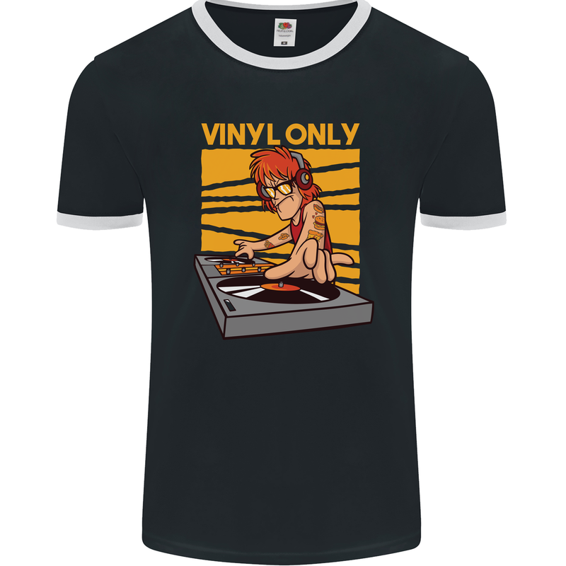 DJ Decks Vinyl Only Funny DJing Turntable Mens Ringer T-Shirt FotL Black/White
