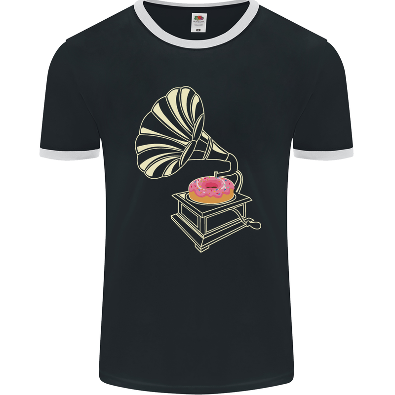 Gramophone Donut Music DJ Vinyl Funny Mens Ringer T-Shirt FotL Black/White