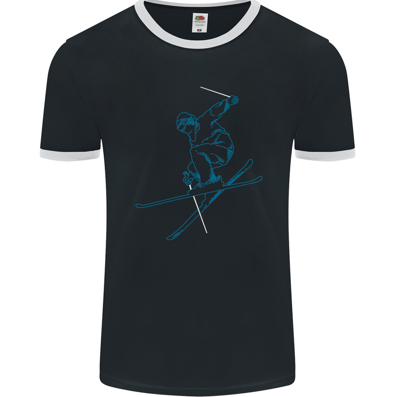 Skier Blue Outline Skiing Ski Mens Ringer T-Shirt FotL Black/White