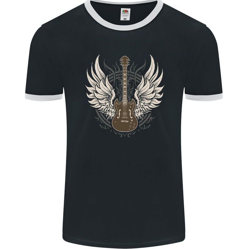 Electric Guitar Wings Rock n Roll Music Punk Mens Ringer T-Shirt FotL Black/White