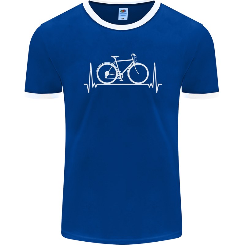 Cycling Heart Beat ECG Bike Bicycle Cyclist Mens Ringer T-Shirt FotL Royal Blue/White