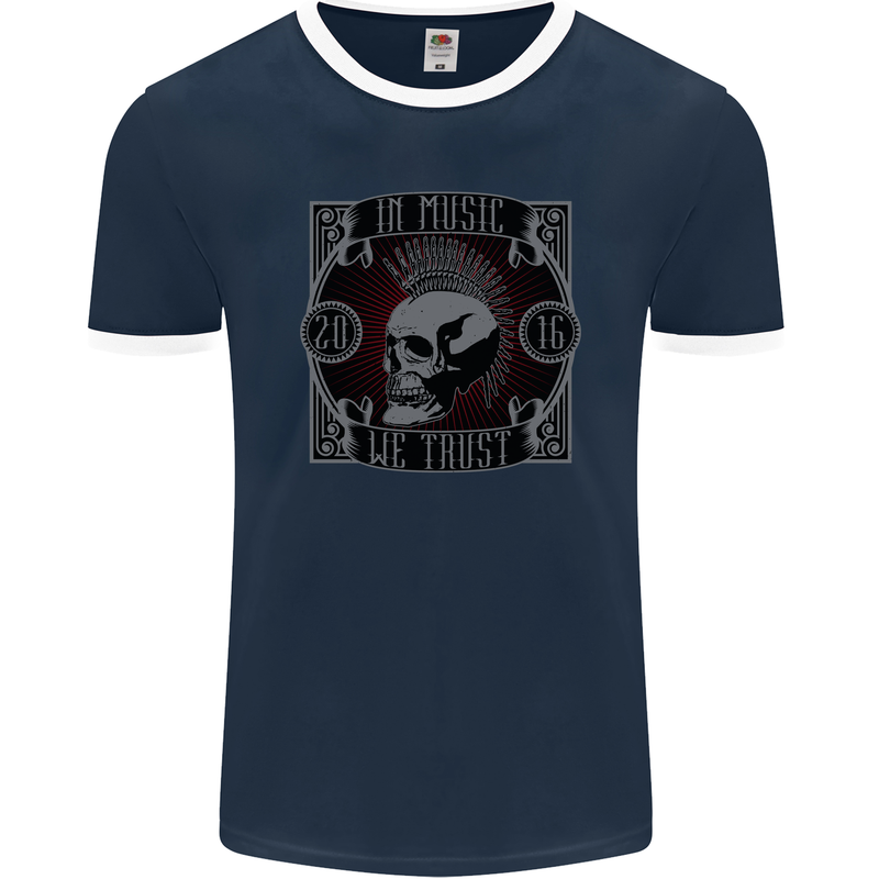 In Music We Trust Punk Rock Skull Mens Ringer T-Shirt FotL Navy Blue/White