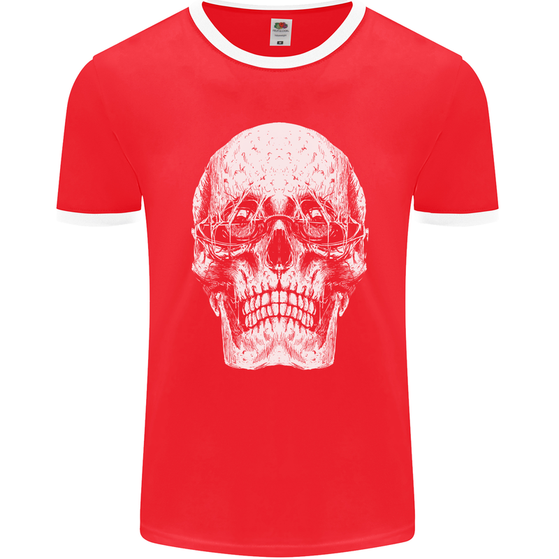 Old Man Skull With Glasses Gothic Biker Mens Ringer T-Shirt FotL Red/White