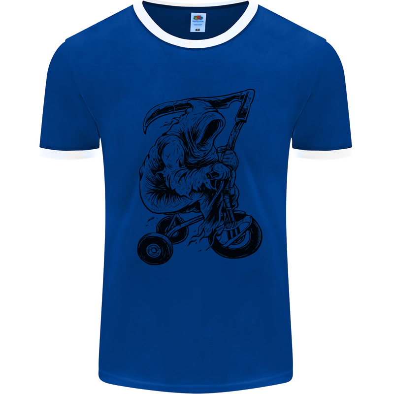 Grim Reaper Trike Bicycle Cycling Gothic Mens White Ringer T-Shirt Royal Blue/White