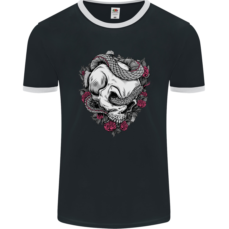 Snakes and Skull Biker Heavy Metal Gothic Mens Ringer T-Shirt FotL Black/White