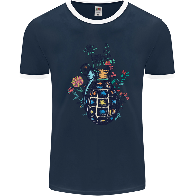 Peace Grenade Anti-War Pacifist World Hippy Mens Ringer T-Shirt FotL Navy Blue/White
