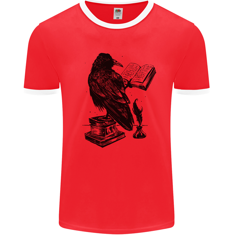 A Raven Reading a Book Literature Mens White Ringer T-Shirt Red/White