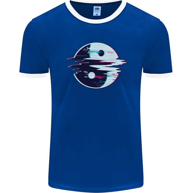 Yin Yang Glitch Yoga Meditation SCI-FI MMA Mens Ringer T-Shirt FotL Royal Blue/White