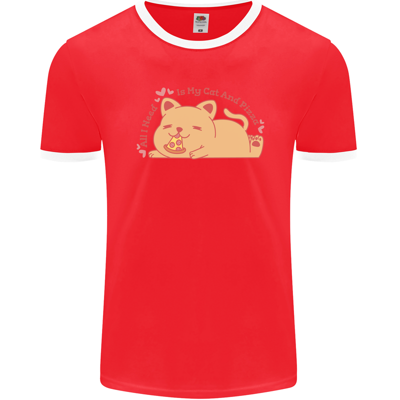 Cat and Pizza Funny Antisocial Mens Ringer T-Shirt FotL Red/White