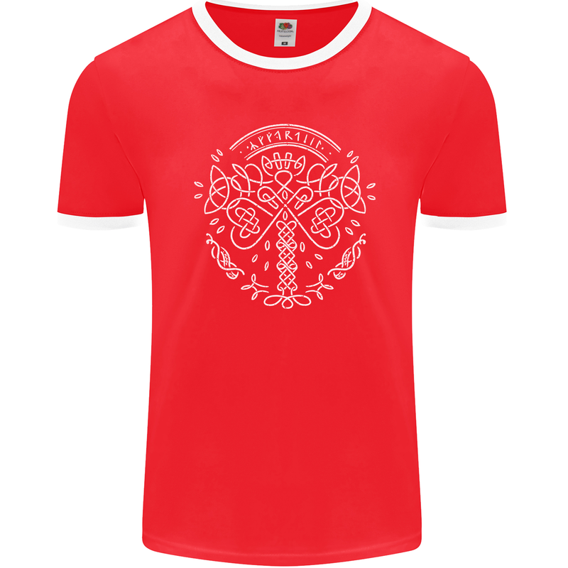 Viking Yggdrasil Tree Norse Mythology Thor Mens Ringer T-Shirt FotL Red/White