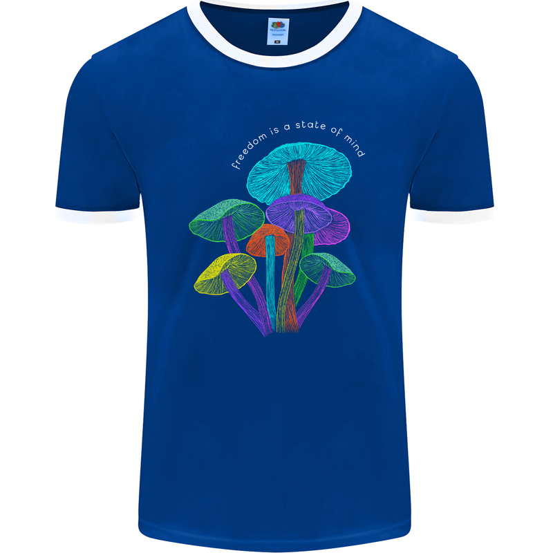 Freedom Is a State of Mind Magic Mushrooms Mens Ringer T-Shirt FotL Royal Blue/White