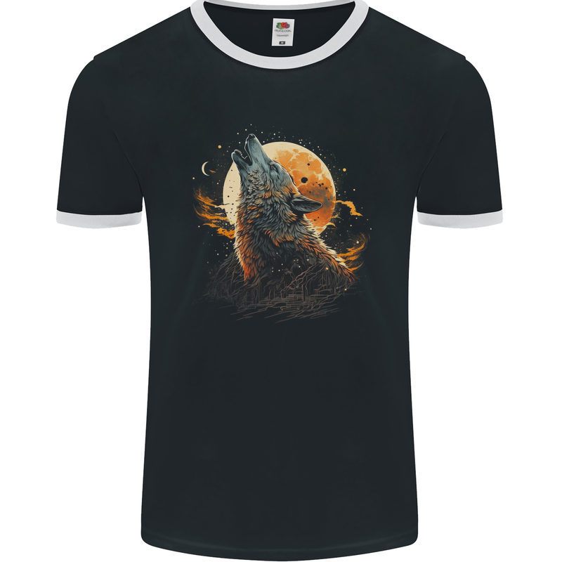 A Howling Wolf in the Moon Light Mens Ringer T-Shirt FotL Black/White