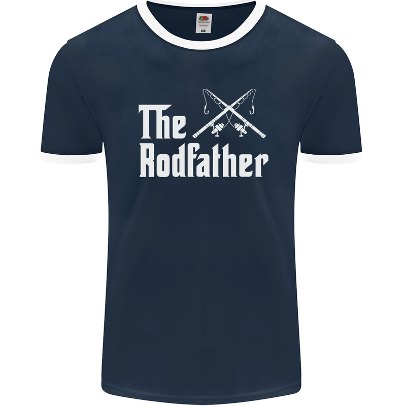 The Rodfather Funny Fishing Fisherman Mens Ringer T-Shirt FotL Navy Blue/White