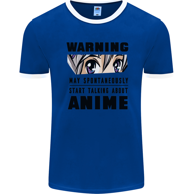 Warning May Start Talking About Anime Funny Mens Ringer T-Shirt FotL Royal Blue/White