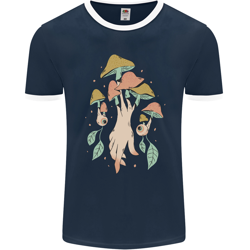 Trippy Magic Mushrooms With Eyes Mens Ringer T-Shirt FotL Navy Blue/White