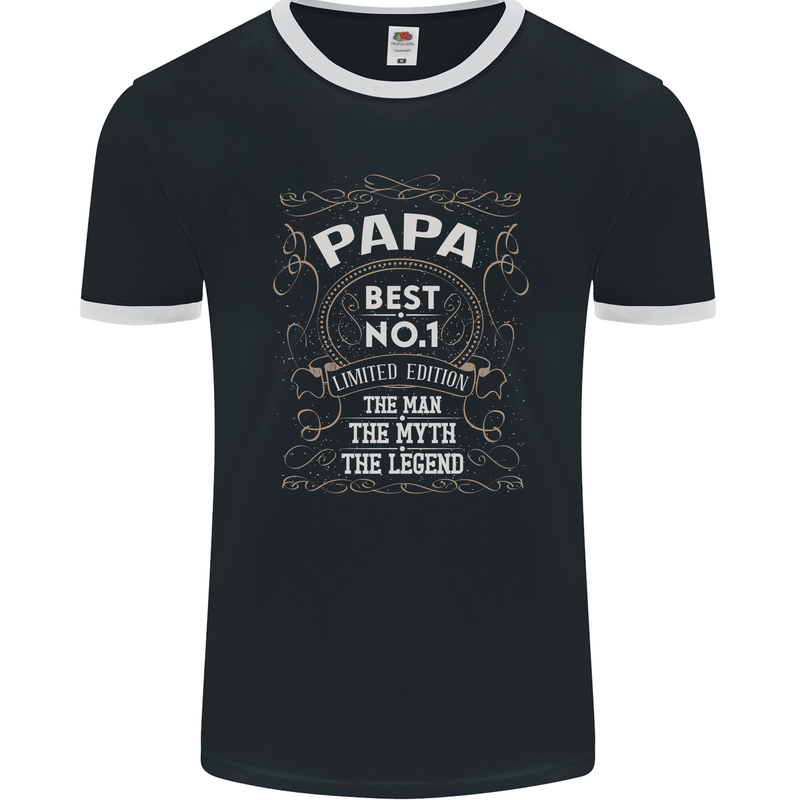 Father's Day No 1 Papa Man Myth Legend Mens Ringer T-Shirt FotL Black/White