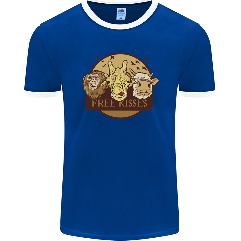 Free Kisses Animals Cow Monkey Giraffe Mens Ringer T-Shirt FotL Royal Blue/White