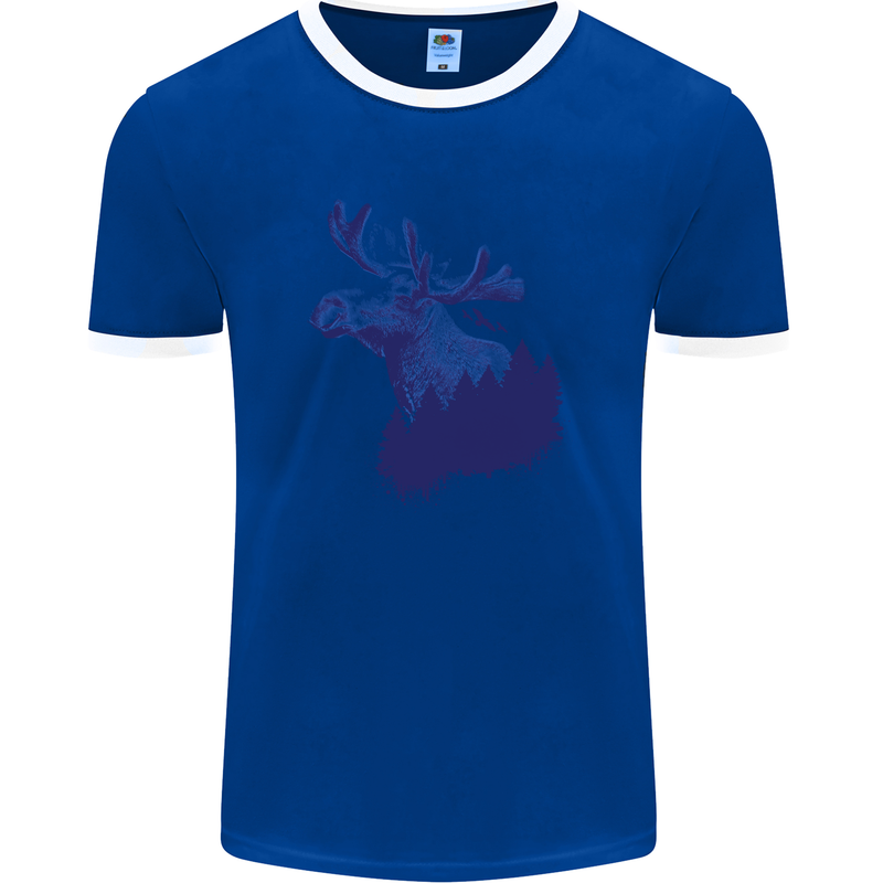 Moose Forest Ecology Environment Mens White Ringer T-Shirt Royal Blue/White