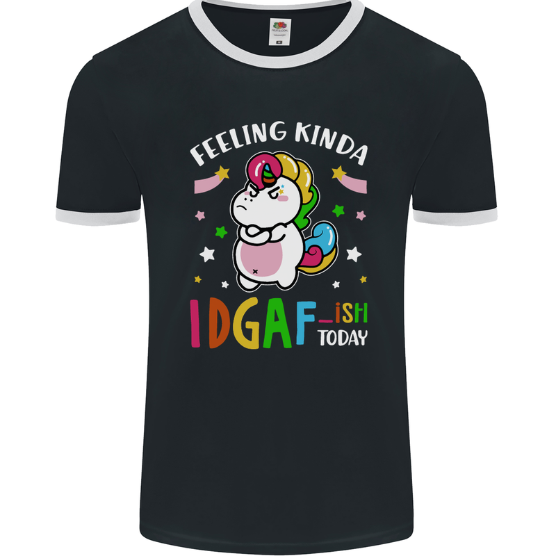 Feeling IDGAF Today Funny Offensive Unicorn Mens Ringer T-Shirt FotL Black/White