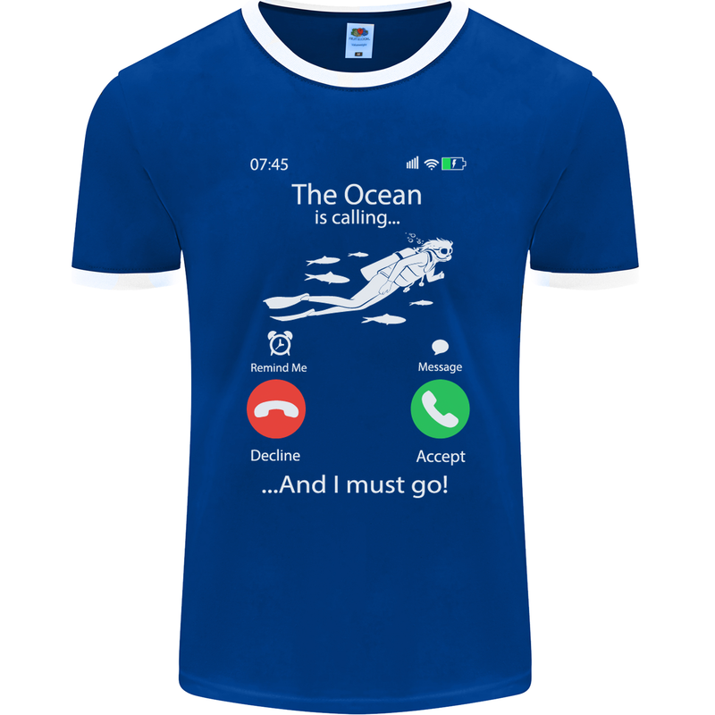 The Ocean Is Calling Scuba Diving Diver Mens Ringer T-Shirt FotL Royal Blue/White