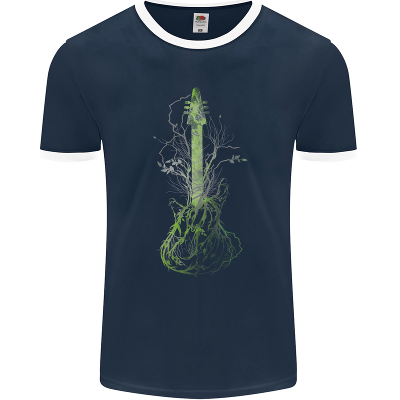 Green Guitar Tree Guitarist Acoustic Mens Ringer T-Shirt FotL Navy Blue/White