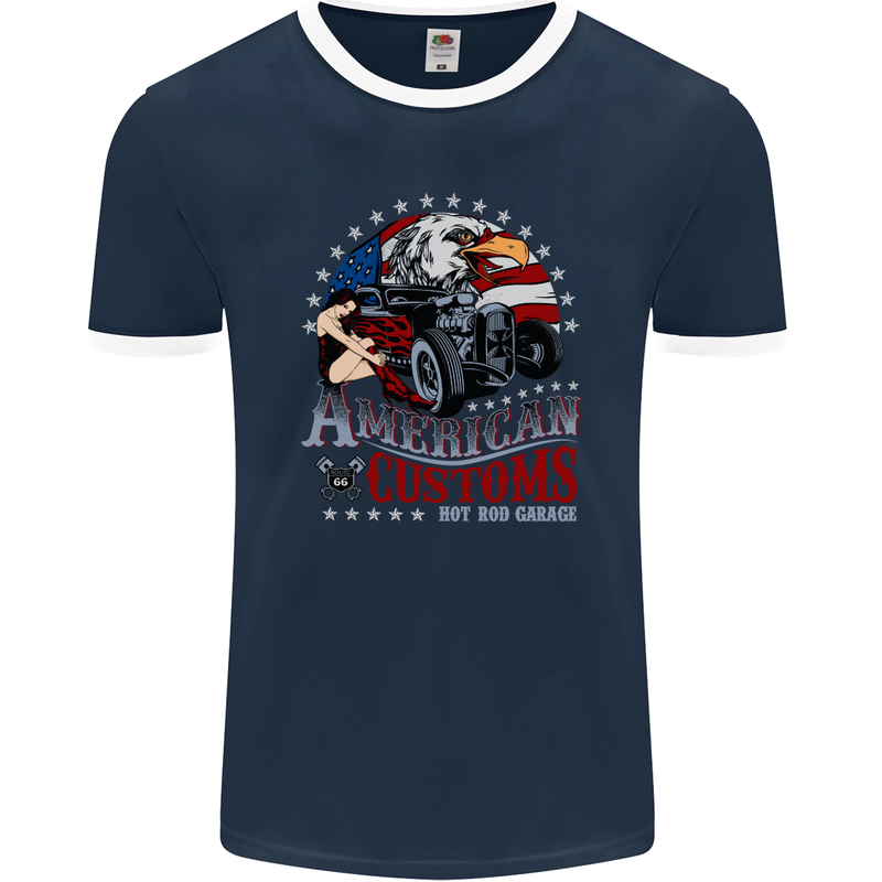 American Customs Hot Rod Garage USA Mens Ringer T-Shirt FotL Navy Blue/White