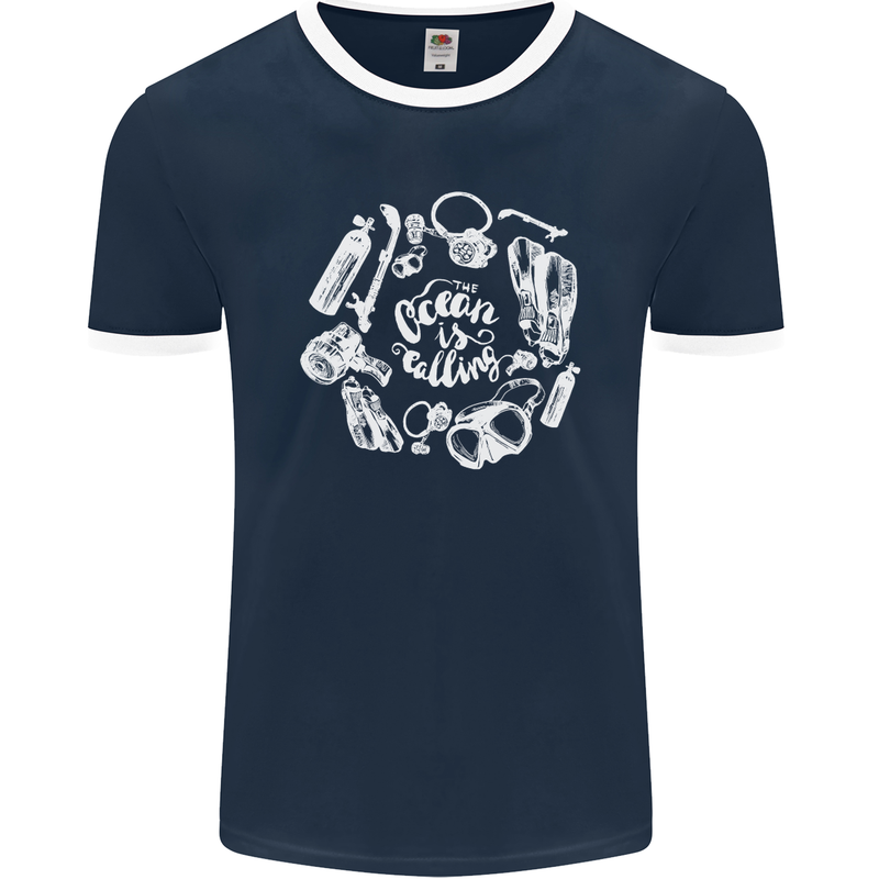 The Ocean Is Calling Scuba Diving Diver Mens Ringer T-Shirt FotL Navy Blue/White