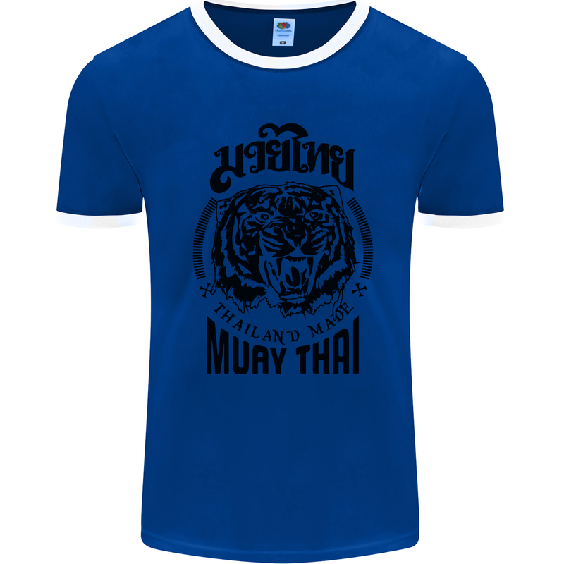 Muay Thai Fighter Warrior MMA Martial Arts Mens Ringer T-Shirt FotL Royal Blue/White