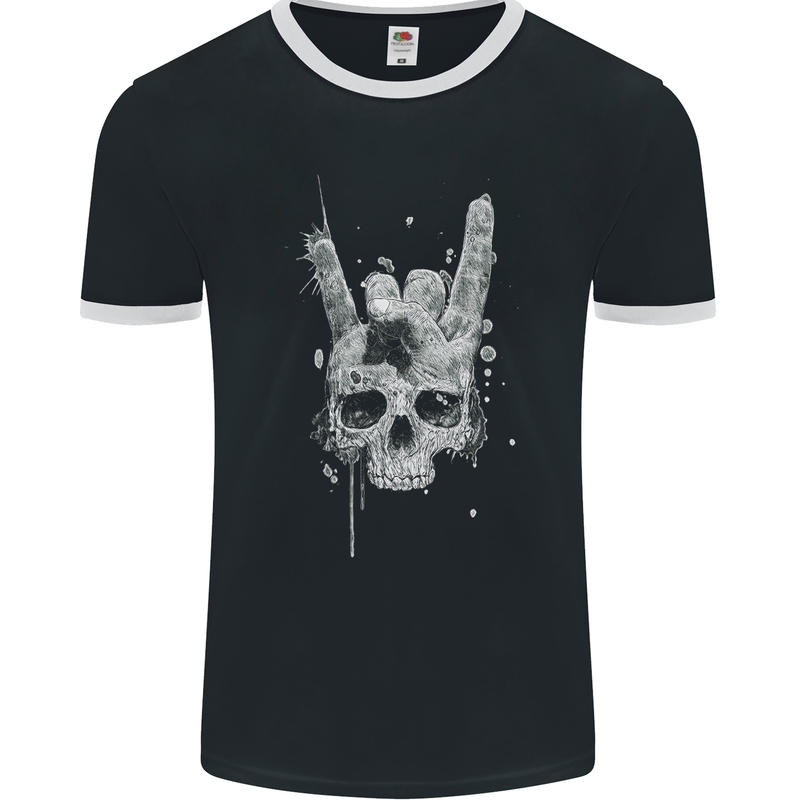 Rock n Roll Music Salute Skull Biker Gothic Mens Ringer T-Shirt FotL Black/White