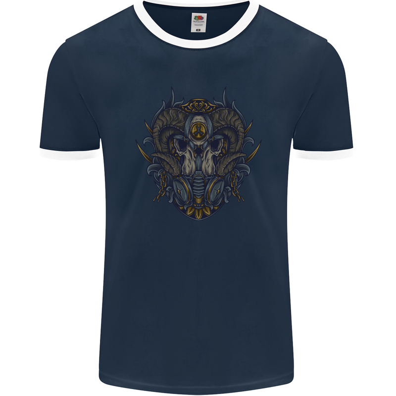 Ram Skull With Respirator Mens Ringer T-Shirt FotL Navy Blue/White