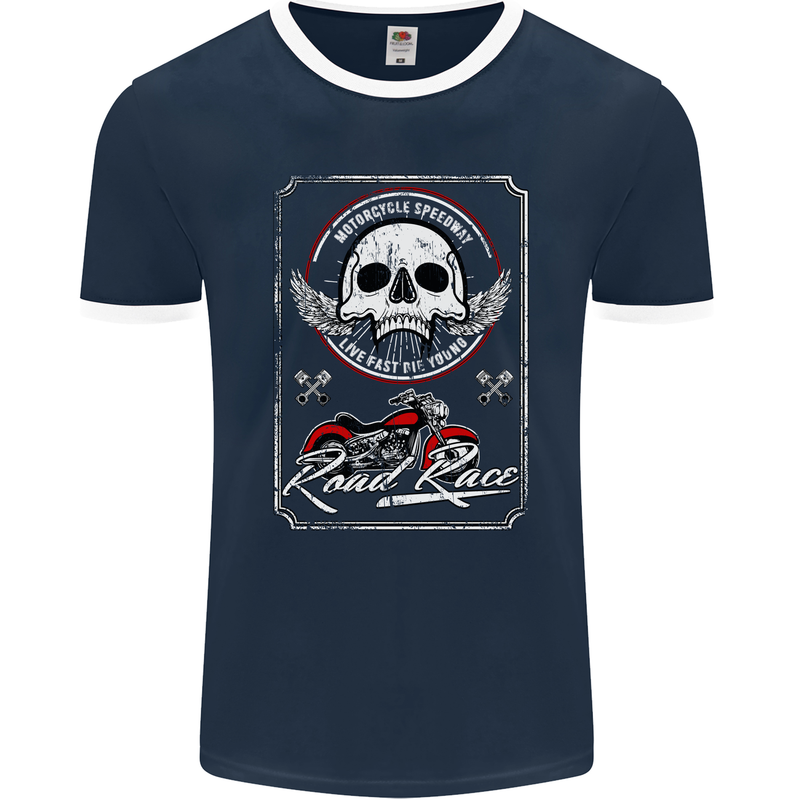 Motorcycle Road Race Biker Motorbike Skull Mens Ringer T-Shirt FotL Navy Blue/White